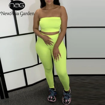 

NewAsia Strapless Tracksuit Two Piece Set Tube Top And Elastic Waist Pants Summer Sports Suit Club Outfits Matching Set Clothes