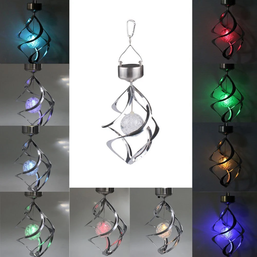 Solar Powered Color Changing Hanging Spiral Lamp Wind Spinner Garden Light