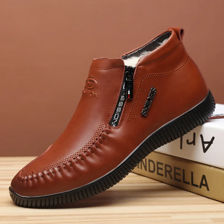 

Winter Thick Wool Cotton-padded Shoes Men's Thick Bottomed Genuine Leather Warm Hight-top MEN'S SHOES plus Velvet Anti-slip Busi