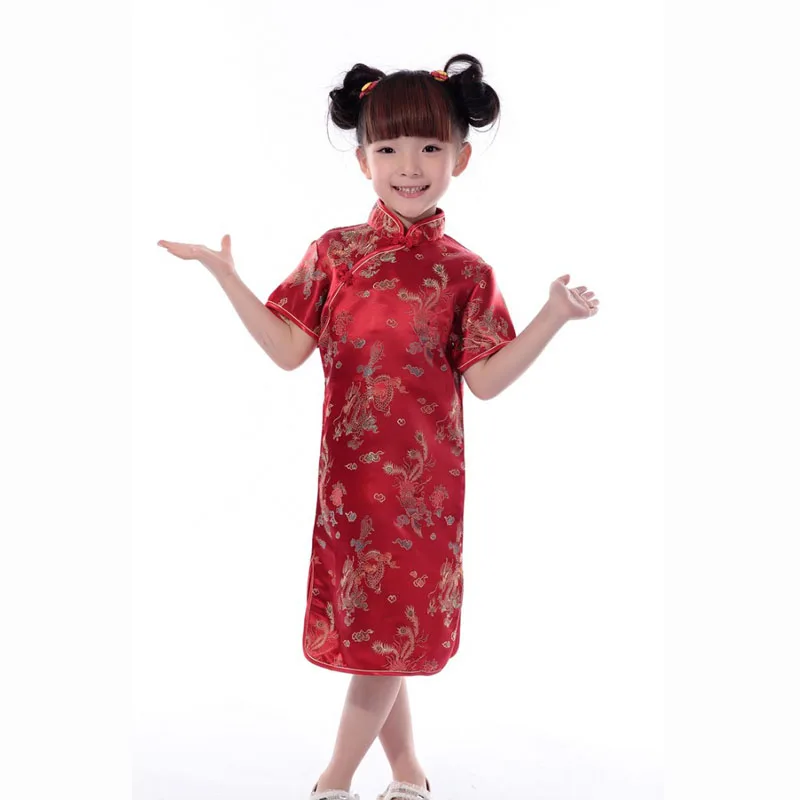 Chinese Traditional Costumes Princess Girls Dress Cheongsams Hanfu Tight Dragon&Phoenix Floral Kids Girls Kimono Satin Dress