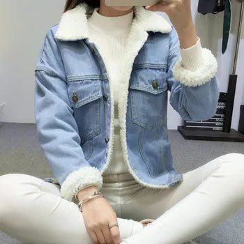 

Faux Fur Denim Jacket Women Bomber Jacket Washed Blue Jeans Jacket Coat with Cotton Warm Turn-Down Collar Ladies Office Jean top