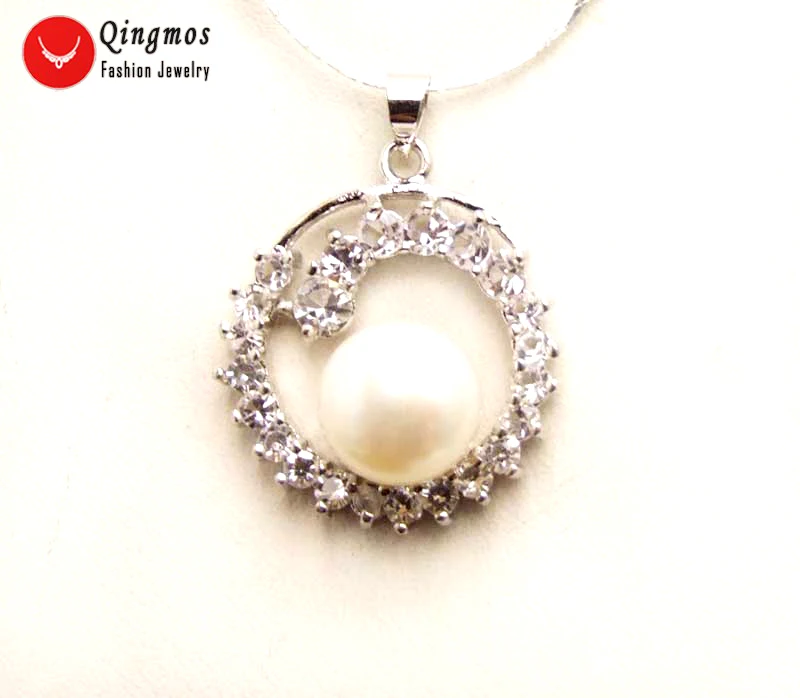 

Qingmos 25mm Oval Pendant Necklace for Women with 10-11mm Flat Round Natural White Pearl 17" Silver Plated Chain Chokers ne6257
