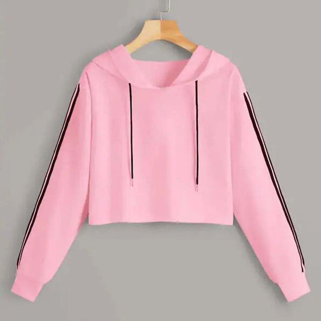 Jaycosin Fashion Leisure Long Sleeves Drawstring Stripe Hooded Pullovers Tops Loose Casual Women