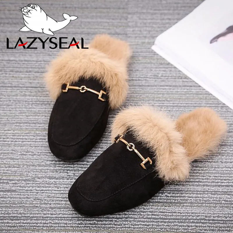 LazySeal/женские меховые тапочки с металлическими украшениями, бахромой и аппликацией; Сезон Зима; Коллекция года; женская домашняя обувь из натурального кроличьего меха; большой размер 44 - Цвет: 07