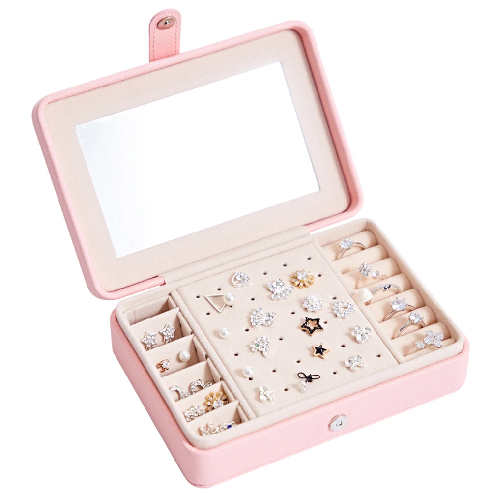 Portable Snap Button 2 Style Mirror&Hook Up Jewelry Organization Box Velvet Ring Box Tray Storage Rings Display Case Storage Box