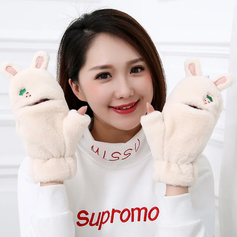 

Guantes Ciclismo Winter Plush Fingerless Clamshell Gloves Female Korean Cute Cartoon Rabbit Ears Touch Screen Cycling Warm Glove