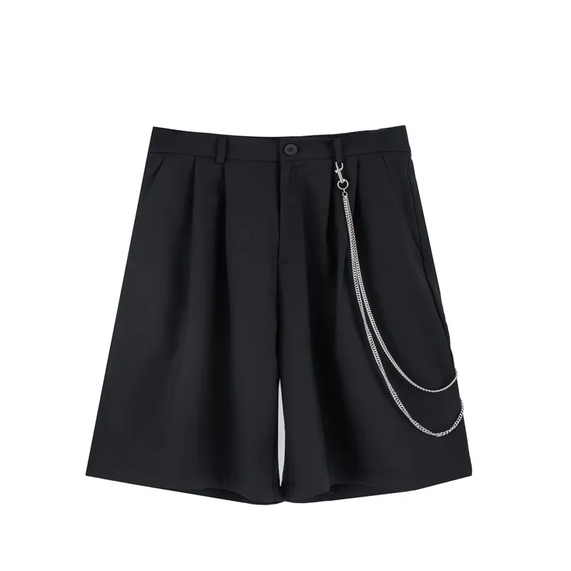 Mens Shorts Summer Casual Black Zipper Elastic Waist Straight Short Pants with Chain New Hip Hop Streetwear Loose Shorts Joggers