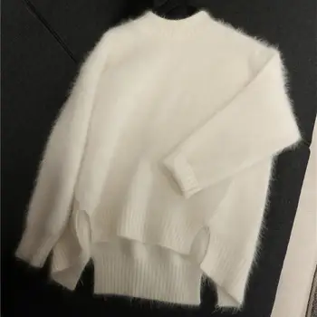 

Winter Faux Mink Cashmere Sweater O-Neck Winter Loose Long Sleeve Knitted Sweater Casual Warm Asymmetry Turtleneck Jumper