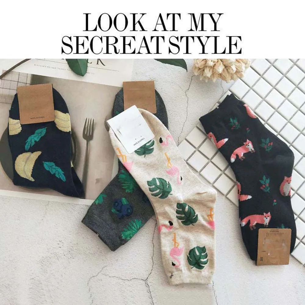 

Women Cute Printed Middle Tube Socks Women Fashion Floral Plants Animal Cactus Print Socks Warm Personality Cotton Middle Socks