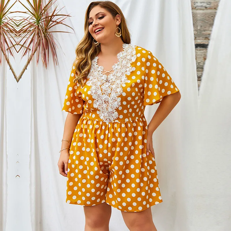 

Spring Summer Plus Size Lace V Neck Playsuits Women Loose Casual Dot Short Sleeve Playsuits 2020 New