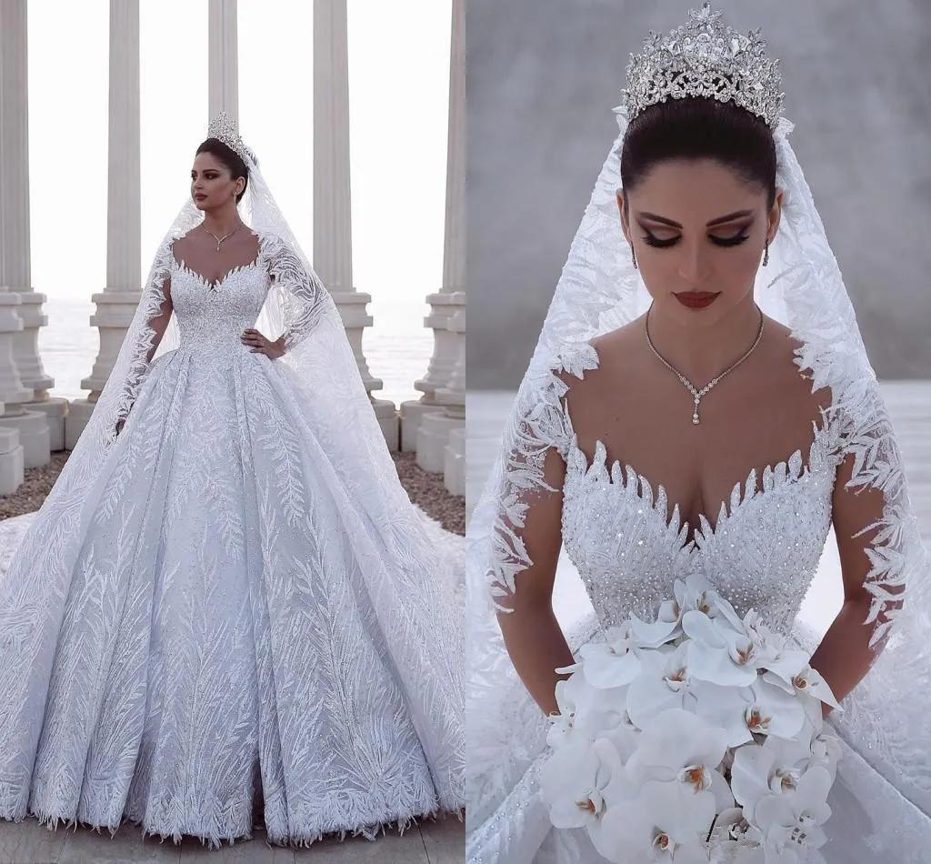 

Luxury Beaded Arabic Ball Gown Wedding Dress Long Sleeves Sweetheart Appliques Sweep Train Custom Made Bridal Robe De Mariee