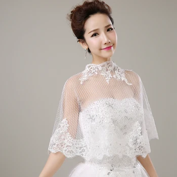

Lace Applique Bridal Wedding Wrap Simulated Pearl Rhinestone Short Cape Sheer Tulle Summer Fall Cover Up for Women