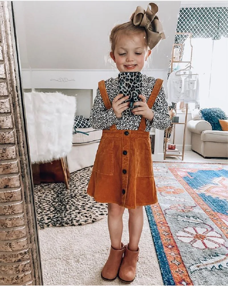 

fashion kids baby girls autumn long sleeve Leopard tops blouses solid bib skirts toddler kids children clothing set 2pcs 12M-5Y