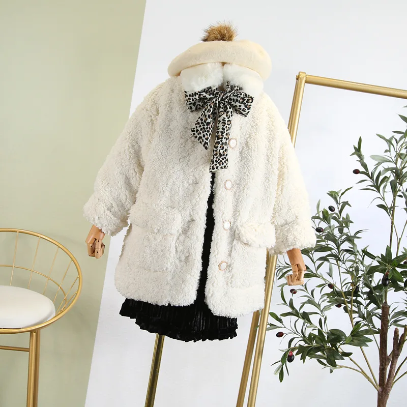 

Girls coat 2019 autumn and winter new simple foreign style with fur collar bow long sweater coat