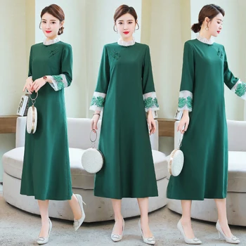 

Vintage Green Dress Loose Cheongsam Fashion Spring and Autumn New Dress Women Ethnic Style Hanfu Plus Size Clothes