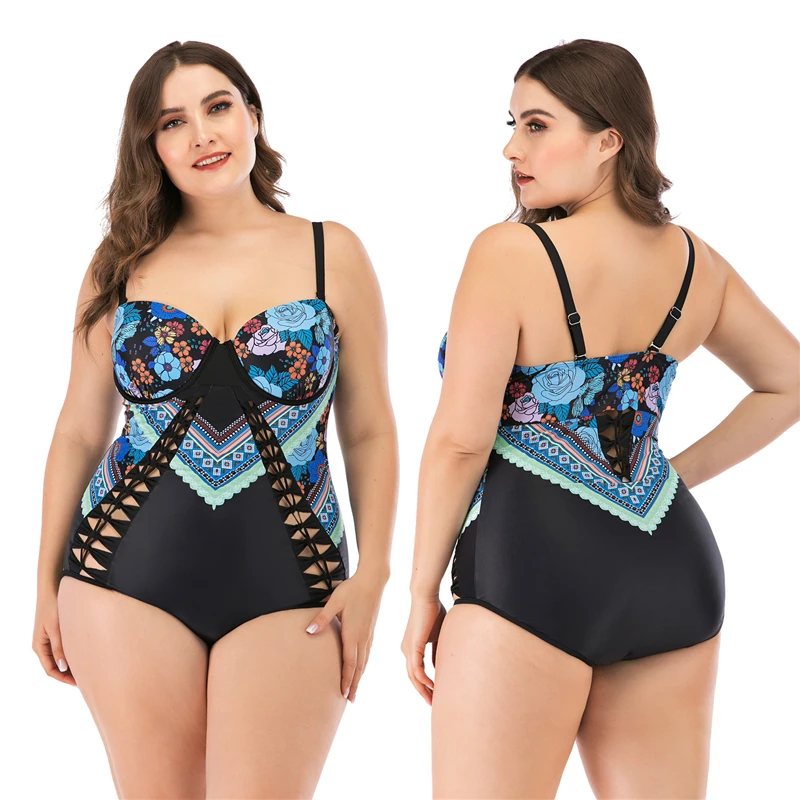 

2021 New Floral Patchwork Swimsuit Women Push Up Monokini Plus Size Swimwear L-4XL Girl Backless One Piece Suit Hollow Beachwear