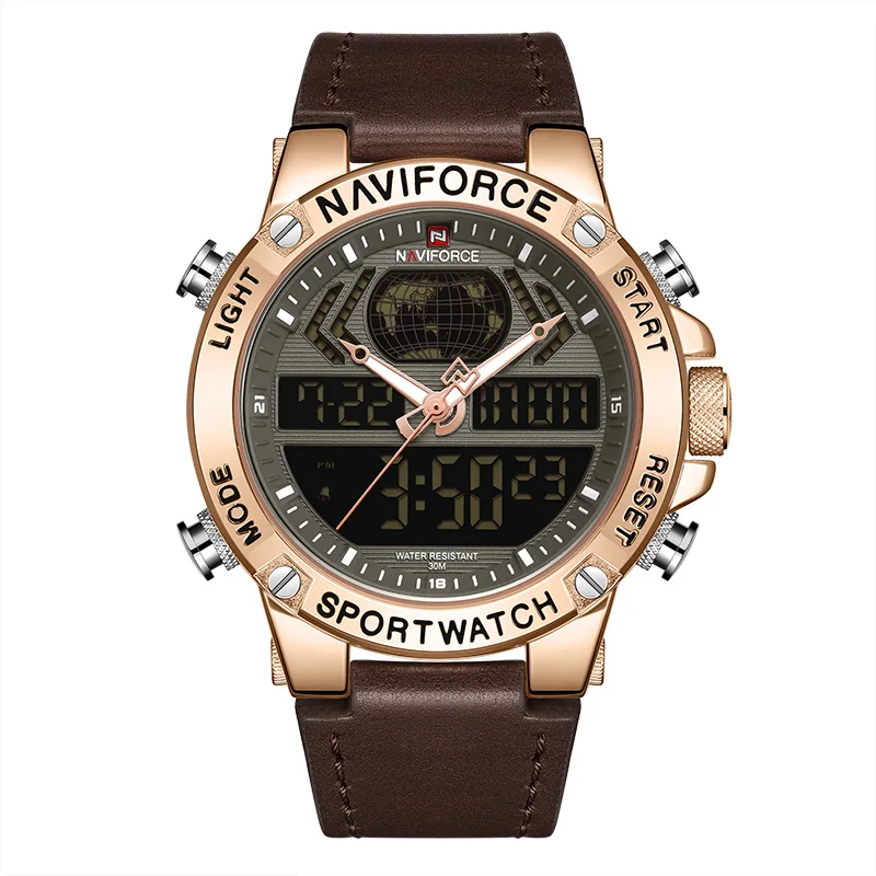 Rose Gold Топ люксовый бренд NAVIFORCE мужские модные спортивные часы мужские кожаные водонепроницаемые кварцевые наручные часы Военные аналоговые цифровые часы - Цвет: Rose Gold