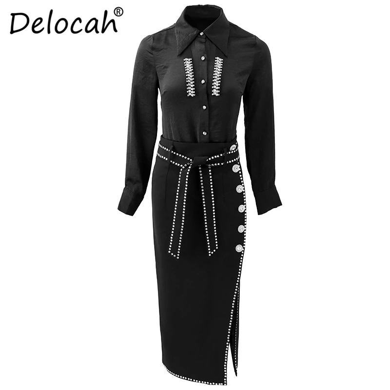 Delocah/Модные осенние комплекты для подиума женская черная рубашка с длинными рукавами и винтажная миди юбка Женская стильная комплект из двух предметов