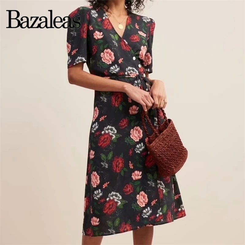 Bazaleas Франция Arles цветочный принт Черный vestido модное крепление галстук боковые пуговицы для женщин миди платье винтажное габиновое платье с запахом