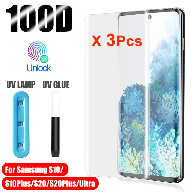 3Pcs UV Tempered Glass For Samsung Galaxy S10 S20 S8 S9 Plus Ultra Full Liquid Screen Protector For Samsung Note 20 10 Plus Film
