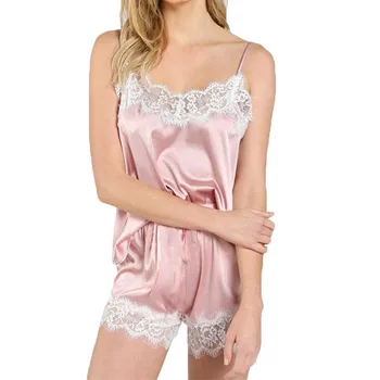 

Women Sleepwear Sleeveless Strap Nightwear Lace Trim Satin Cami Top Pajama Sets Lingerie Sets Summer Satin Women Sleepwear