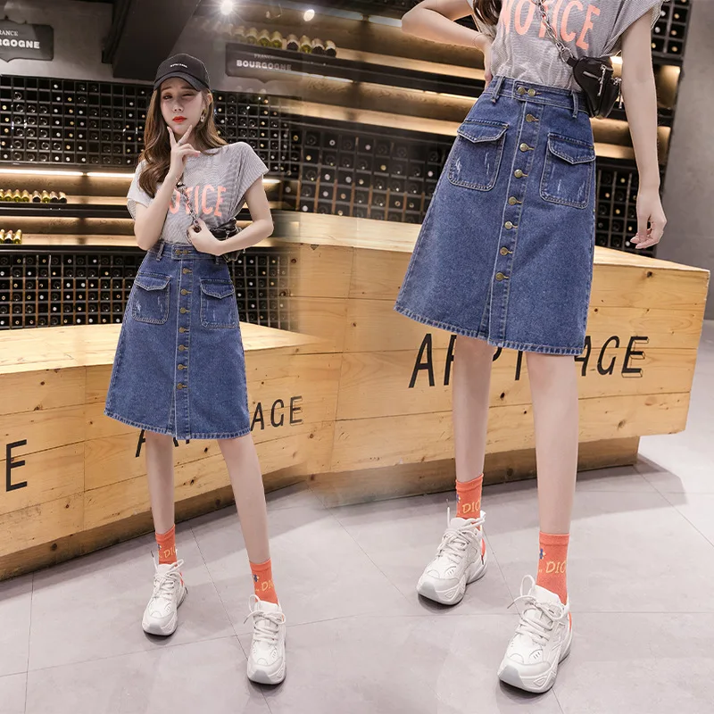 

Denim Skirt 2020 Spring And Summer New Style High-waisted Mid-length Large Size Dress 200 Online Celebrity Slimming A- line Skir