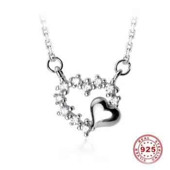 

High Quality 925 Sterling Silver Necklace Rhinestone Hollow Heart Shape Connector Cross Chain Silver Necklace Approx. 40cm-1PC
