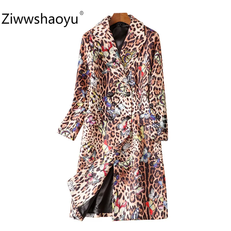

Ziwwshaoyu Women's Autumn Winter Runway Vintage Leopard Print Overcoat Outwear Long Sleeve Diamond Double Breasted Outwear