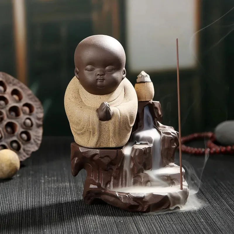 Home Decor The Little Monk Small Buddha Backflow Incense Burner Creative Incense Stick Holder Waterfall Censer+ 20pcs Cones