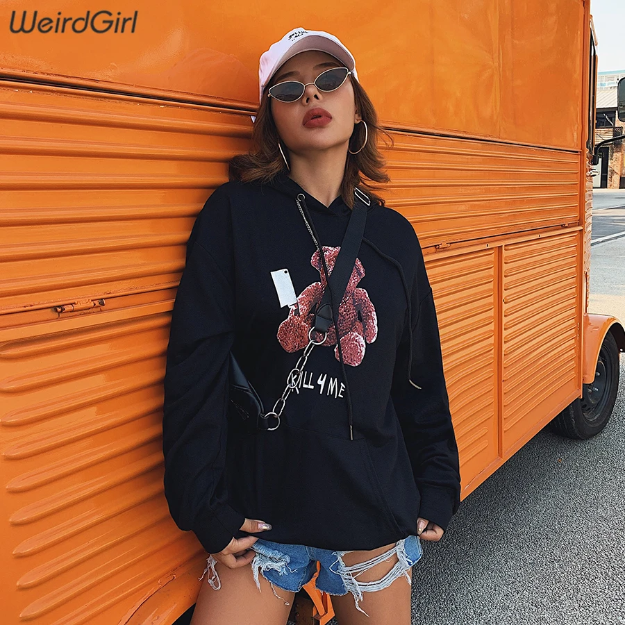 Weirdgirl/женские модные толстовки с принтом медведя; хлопковые теплые свободные толстовки с капюшоном; сезон осень-зима; женская повседневная одежда с карманом; уличная одежда;