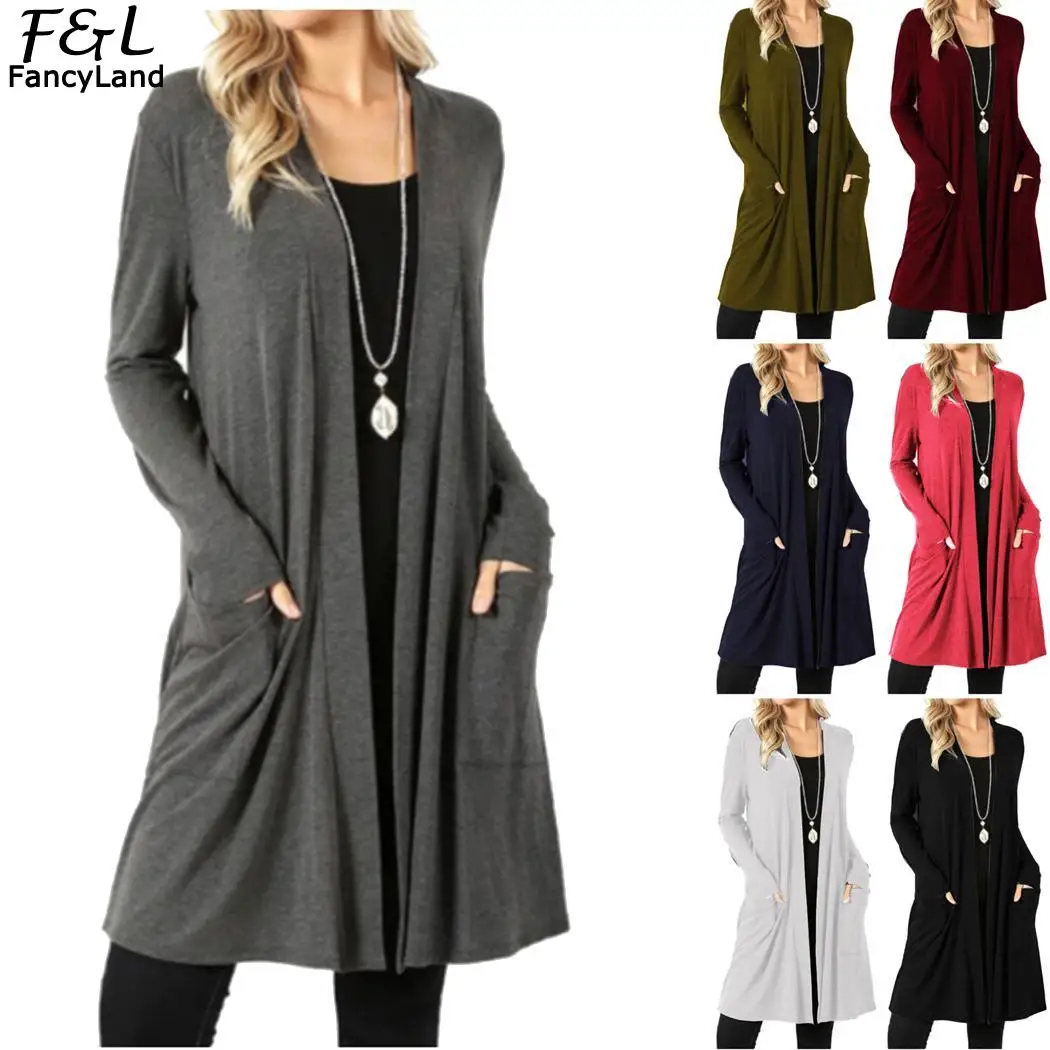 Women Knitted Cardigan Cotton Front Open Cardigan Solid Fashion Coat Autumn Slim Above Knee Length Casual