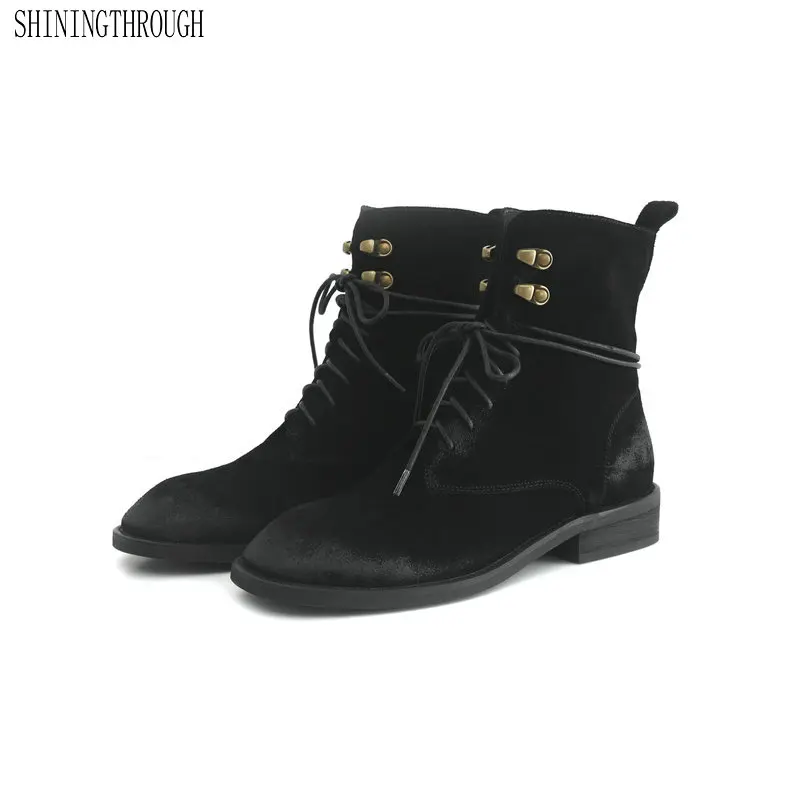 

Suede leather Motorcycle Boots woman Corss-tied low heels Autumn Winter Ladies Shoes Woman Boots size 41 42 43 44