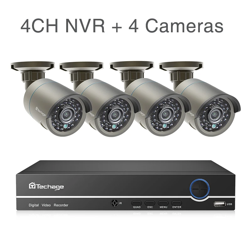 4CH NVR (4Cameras) Techage H.265 4CH 1080P POE NVR комплект аудио IP камера Крытый Открытый Металл водонепроницаемый оповещения по электронной почте Домашняя безопасность видео камера s комплект - Цвет: 4CH NVR (4Cameras)
