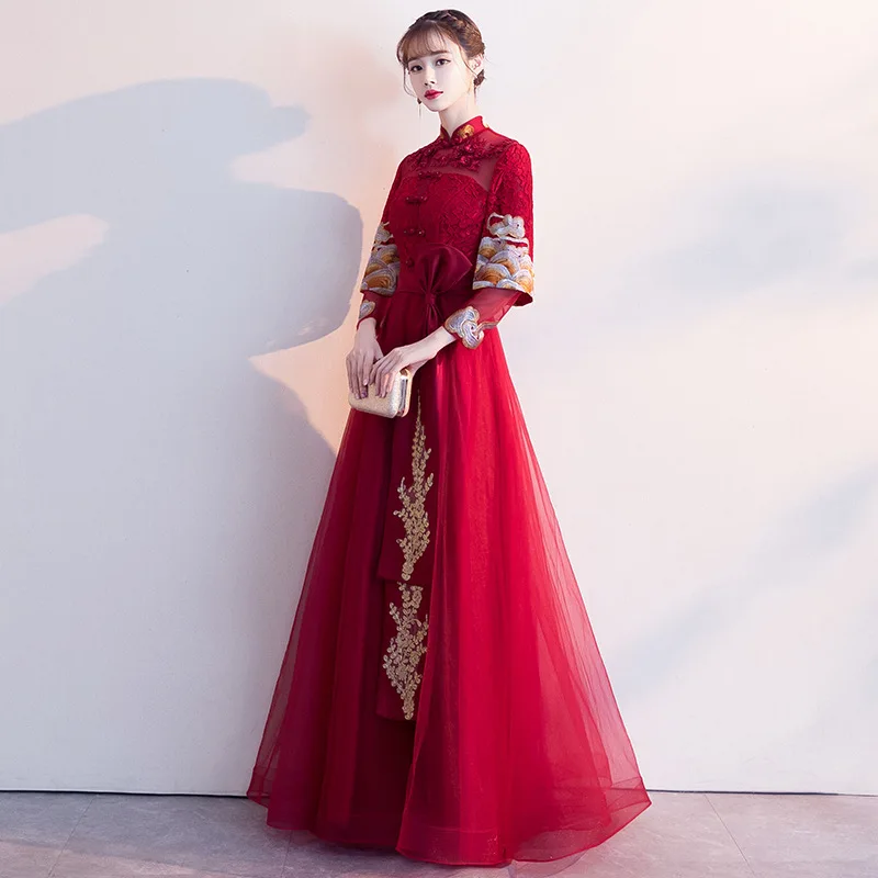 Китайский стиль женские Cheongsam сексуальные кружевные цветочные платья тонкая невеста, свадебное платье традиционная вышивка вечернее платье Vestidos 3XL