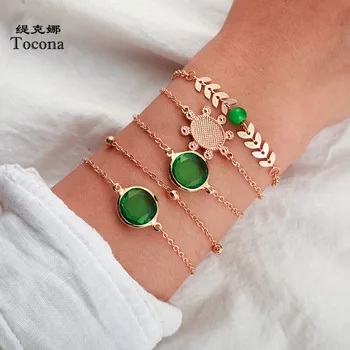 

Tocona 5pcs/sets Luxury Green Rhinestone Bracelets for Women Bohemian Leaf Geometric Gold Chain Jewelry Wholesale 8863