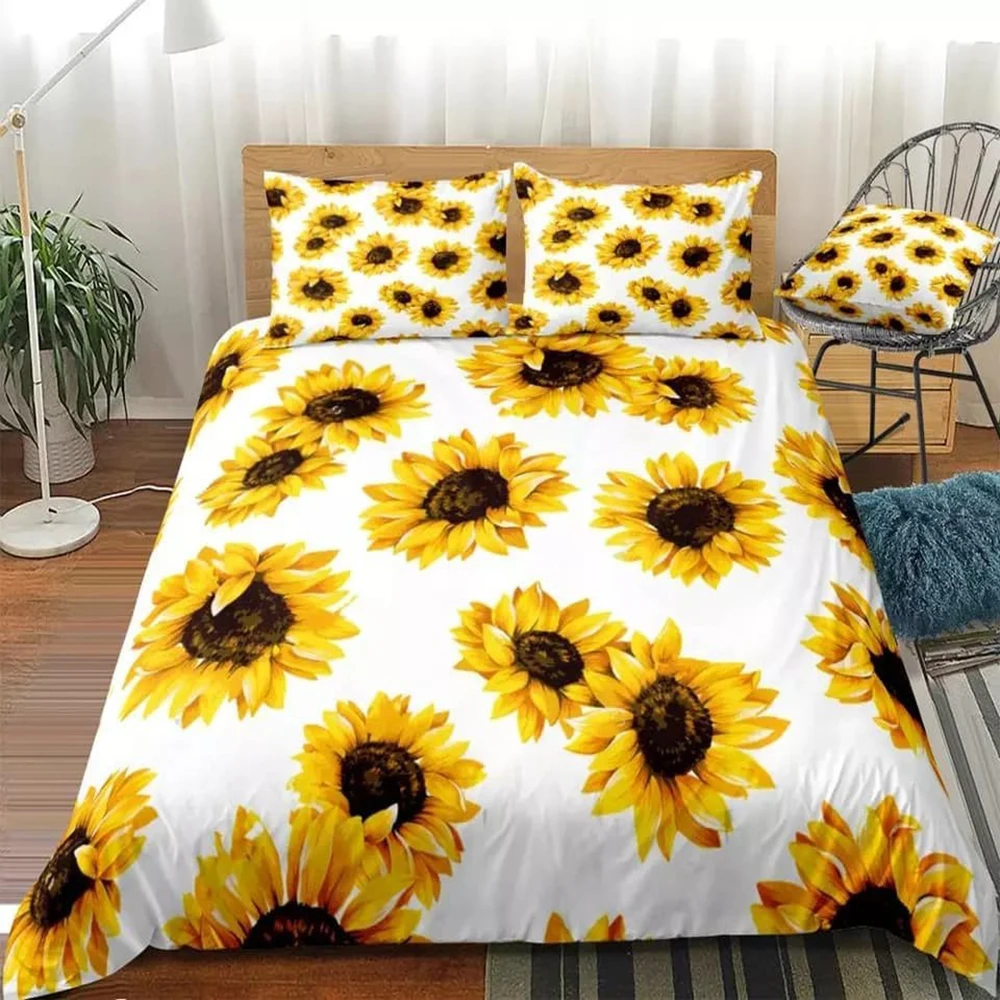 

White Fashion High Quality 3D Sunflower Digital Printing Pattern Bedding Sets Comforter Cover with Pillowcase 2/3 Pcs 11 Size