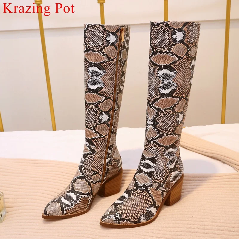 

superstar microfiber snake print high heels elegant pointed toe zip knee high boots keep warm shoes concise thigh high boots L52