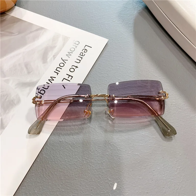 2021 Fashion Women Rimless Rectagular Cutting Lens Sun Glasses Retro Gradient Red Sunglasses Wholesale UV400 cute sunglasses Sunglasses