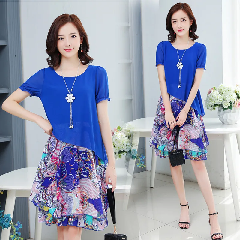 

2019 Summer Wear New Style Korean-style Fashion Slimming Irregular Chiffon Short-sleeve Dress Women's Fake Two-Piece