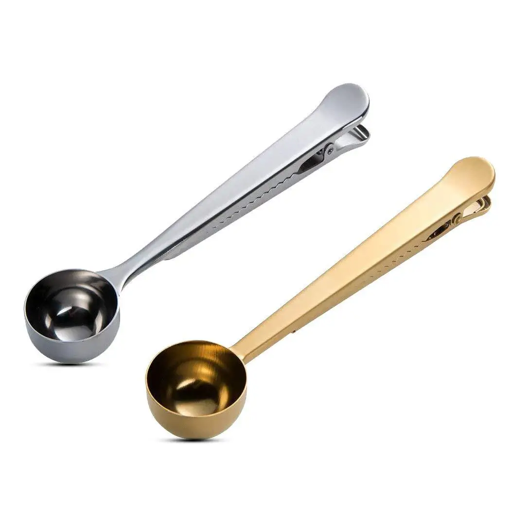 Multifunctional 2In1 Stainless Steel Coffee Measuring Scoop With Bag Clip Sealing Tea Measuring Spoon Scoop Durable Kitchen Tool