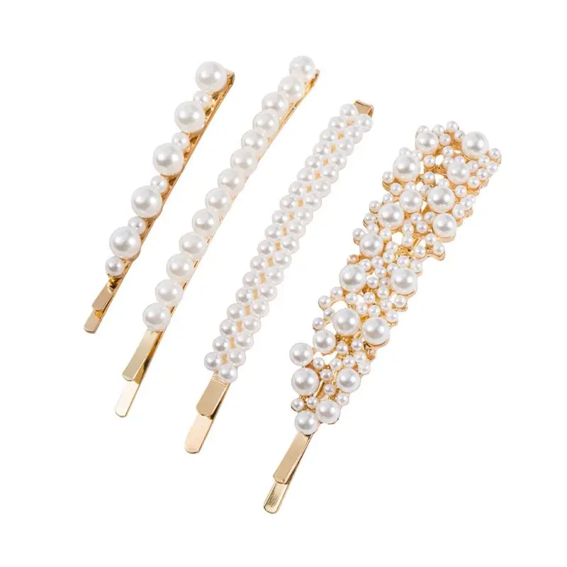 4Pcs Wedding Bridal Side Bangs Metal Alloy Hairpin Luxury Multi Rows Faux Pearl Beaded Women Hair Styling Clip Jewelry Barrette - Цвет: 1 set(4pcs)