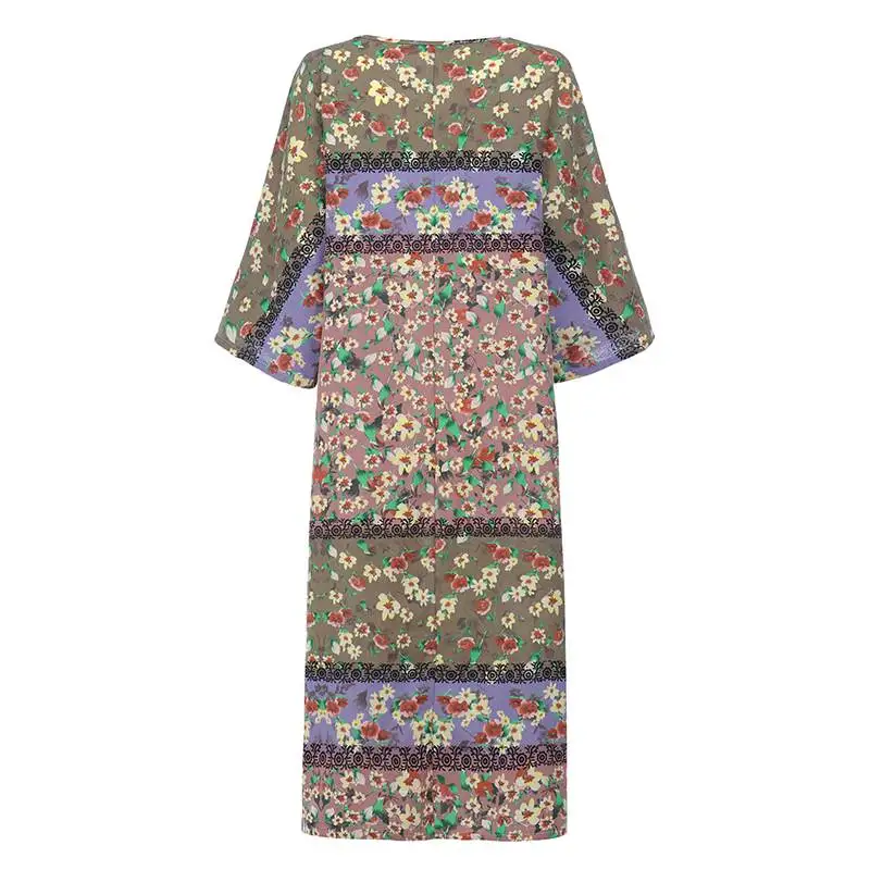 Autumn Vintage Sundress Women Floral Printed Cotton Linen Dress ZANZEA Casual 3/4 Sleeve Robe Vestido Kaftan Tunic Dresses Femme