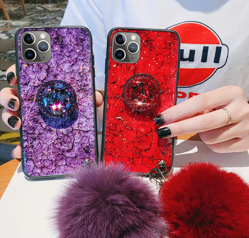 Luxury Diamond Cute Hair Ball Lanyard Bracket Soft Case For iphone X XR XS 11 pro MAX 7 8 6S plus 3D Bling Crystal Holder Cover