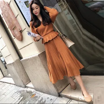 

autumn winter pleated skirt suit knitting 2 piece set v neck sweater pullovers elastic waist long skirt sets fashion P427