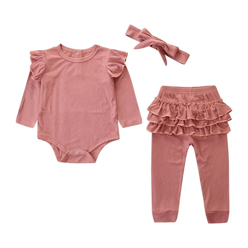 

Autumn Baby's Sets Children Girl Long Sleeve Solid Romper Tops Skirt Trousers Headband Outfits Clothes