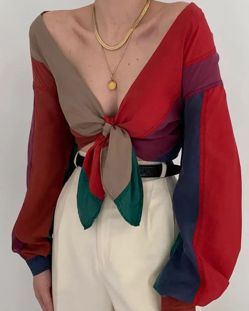 

Color Block Patchwork Blouse Women Long Sleeve Casual Blouse Tops Streetwear Chic Blouses