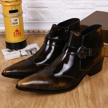 

Heightened Men's High Top Cow Leather Shoes Men's Short Boots Zapatos De Seguridad Pointed Toe Ankle Genuine Leather Zip Rubber