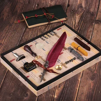 

Gift Box Vintage Magic Metal Curved Natural Turkey Feather Pen Set with 5 nibs, pen stand, Wax, Name Seal, Quil