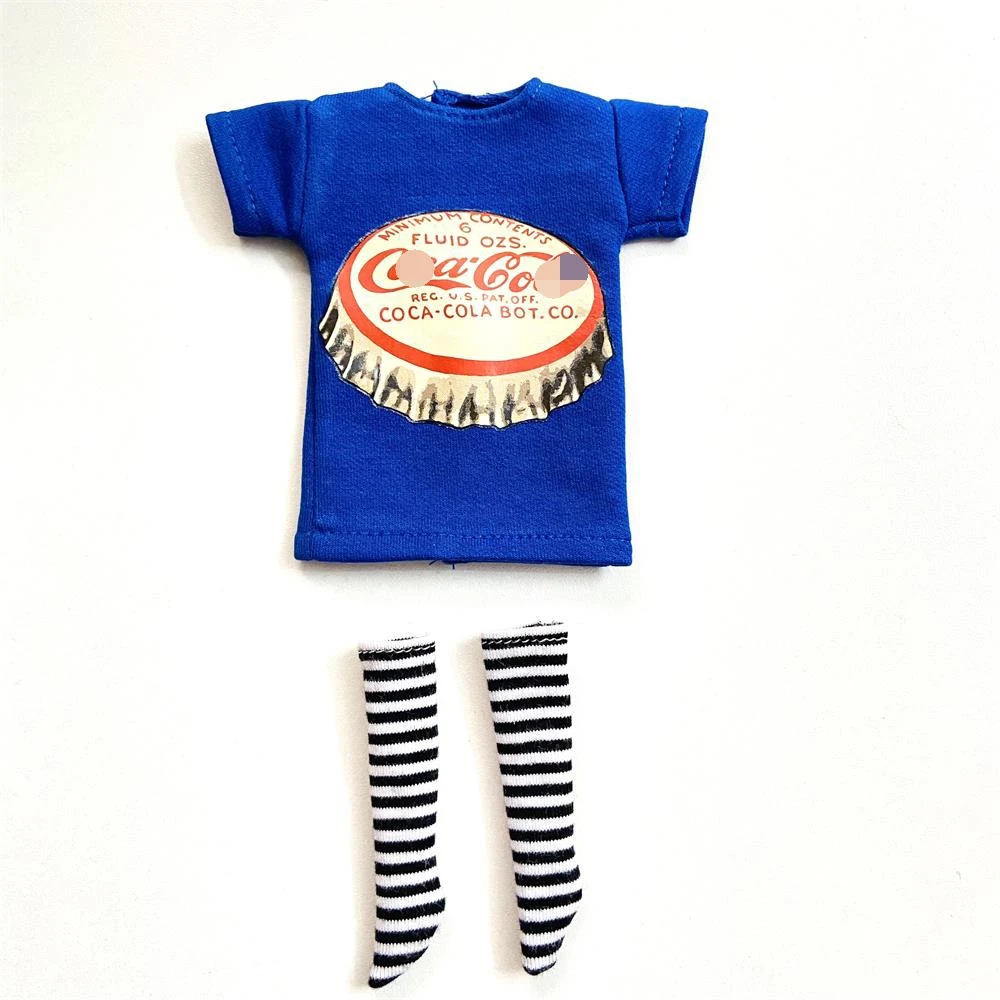 2pcs/Set of Blyth Clothes, Beautiful Print Short T-Shirt + Striped Socks, Can Be Used for 1/6 Doll Accessories