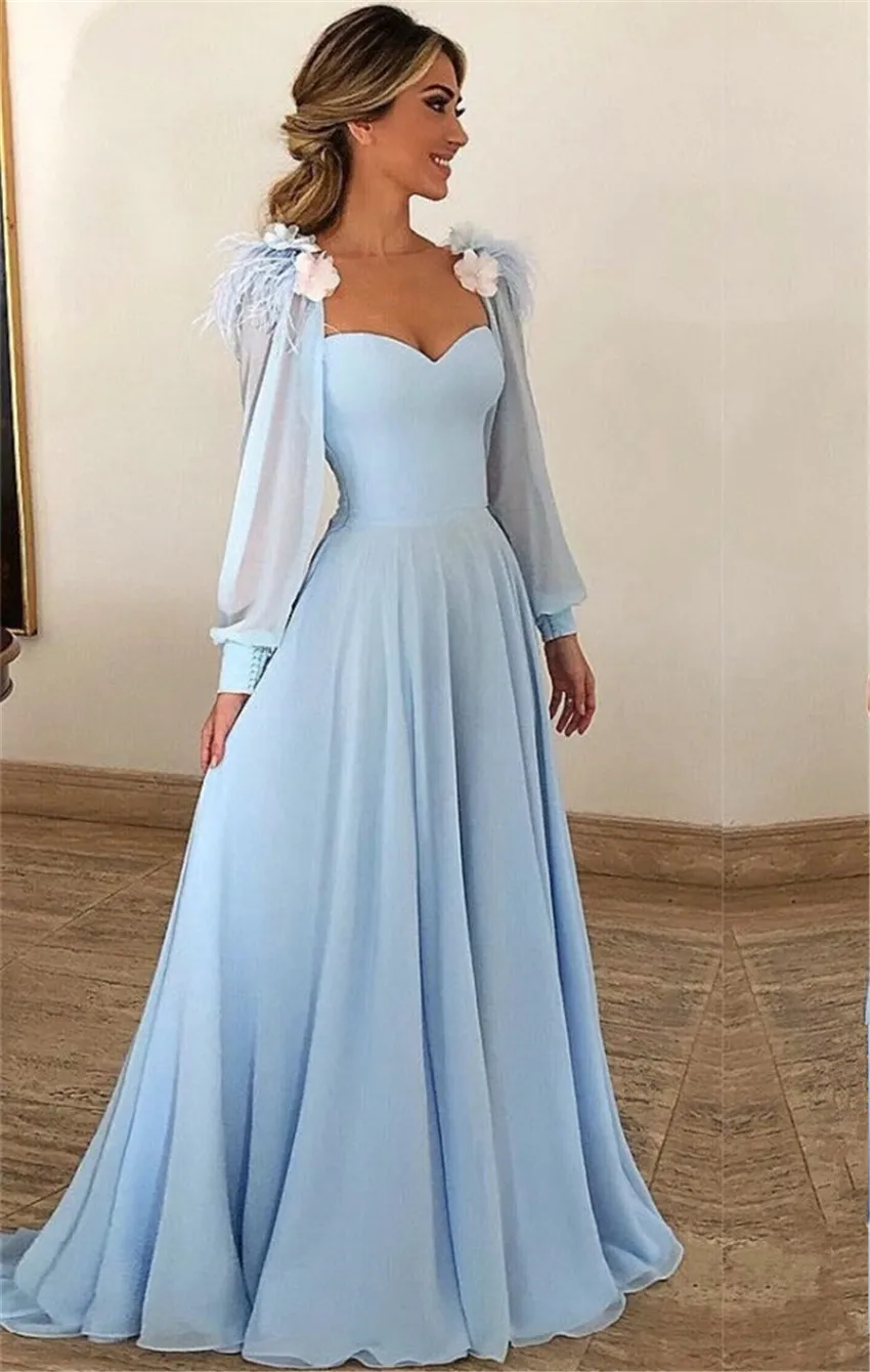 Вечернее платье Голубой шифон свадебное платье с длинными рукавами 3D цветы перо Dercation vestidos elegantes Свадебные платья для гостей